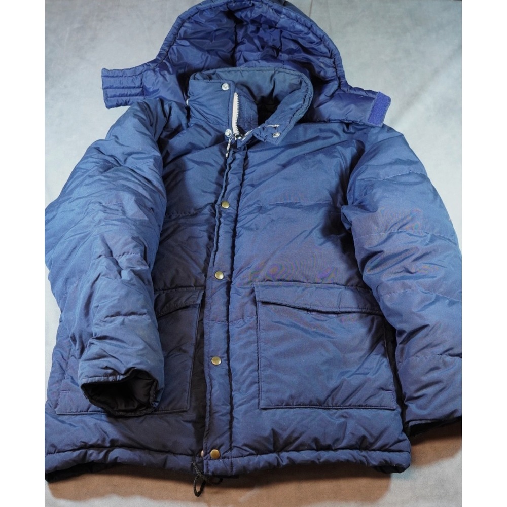 Vintage RARE Comfy Goose Down Coat Mens M Removable‎ Hood Rear Pouch Blue USA